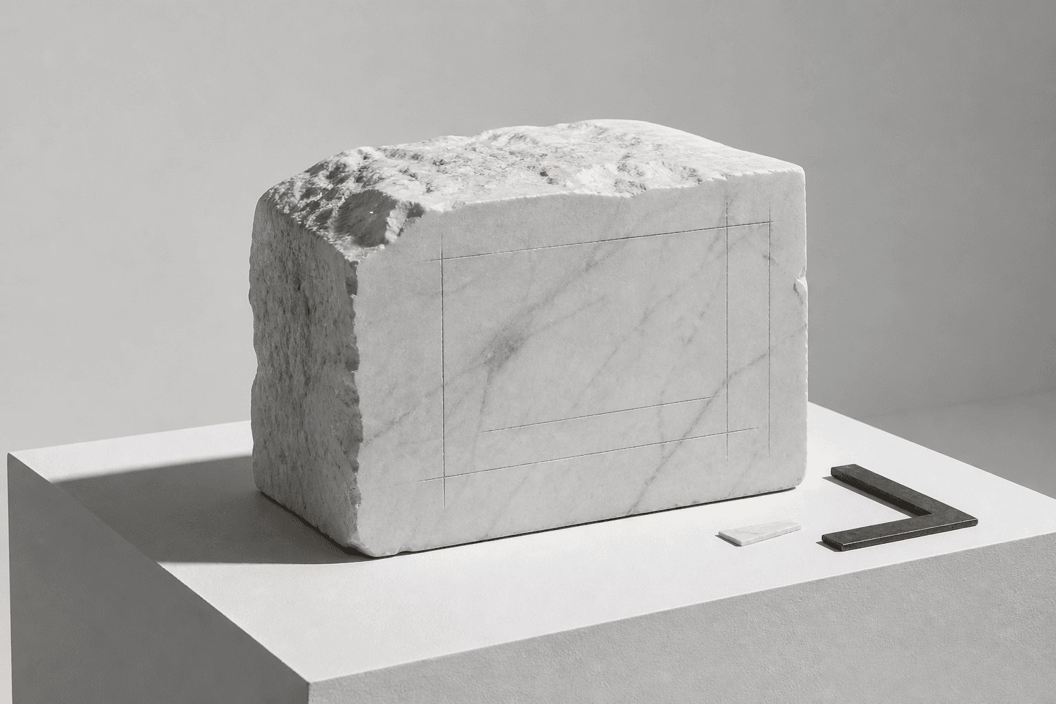 A Carrara block with an incised plan on a square plinth. The brief, before the build.